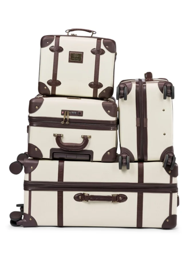 LIMRA 4-Piece Premium PU Leather Luggage Set – Luxury Travel Spinner Suitcases with Cosmetic Bag – Sizes 28/24/20/13 Inch Beige / Dark Brown Color